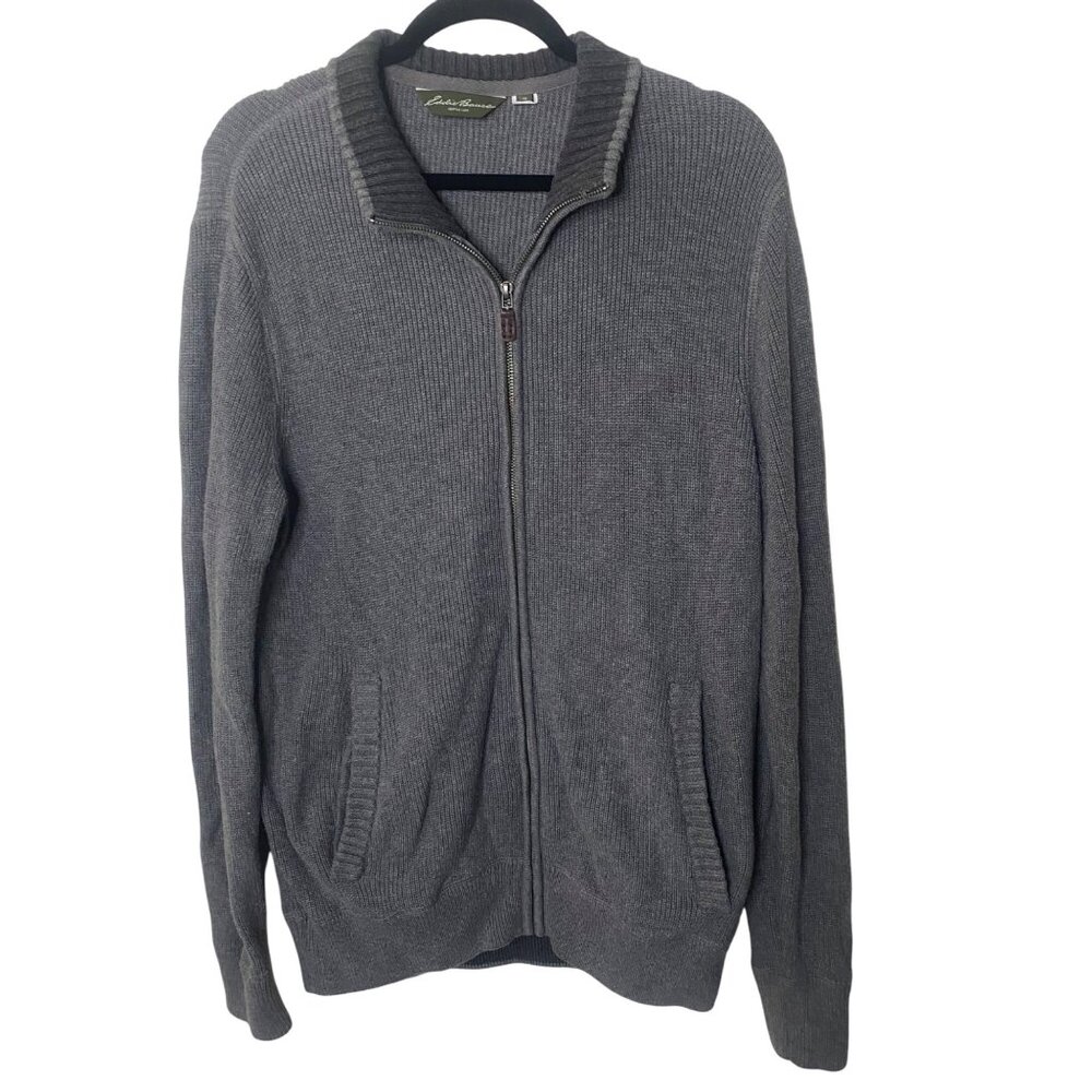 Eddie Bauer Zip-Up Cardigan Sweater Mens M Gray Cotton‎ Knit Mock Neck